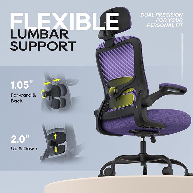 Ergonomic Office Chair, High Back Mesh Desk Chair with Adjustable Lumbar Support & Headrest, Flip-up Armrest, Computer Task Chairs for Home and Executive Office(B-Purple)