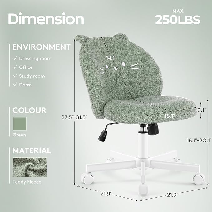 Vanity Chair with Cat Back,Armless Desk Chair Cute Small Office Chair,Teddy Fabric Computer Chair with Adjustable Height,120°Tilting,Rolling,Swivel for Vanity,Kids Room,Office,Bedroom Green
