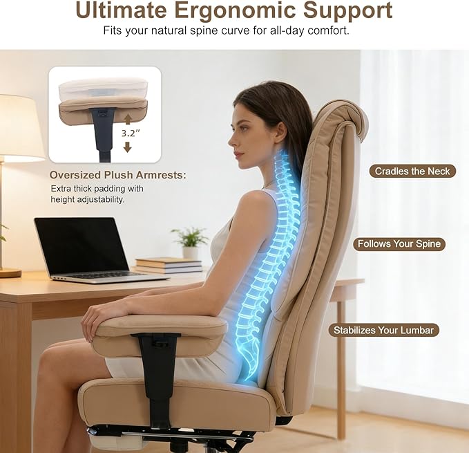 Big and Tall Office Chair 400lbs Wide Seat, Leather High Back Executive Office Chair with Foot Rest, Ergonomic Chairs Lumbar Support for Lower Back Pain Relief, All-Day Comfort (Brown)