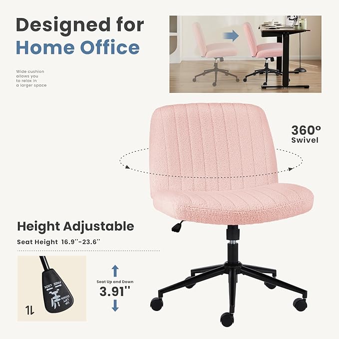 DUMOS Criss Cross Chair with Wheels, Wide Cross Legged Office Desk Vanity Chairs, Armless Adjustable Swivel Chairs for Home Computer Task, Teddy Pink