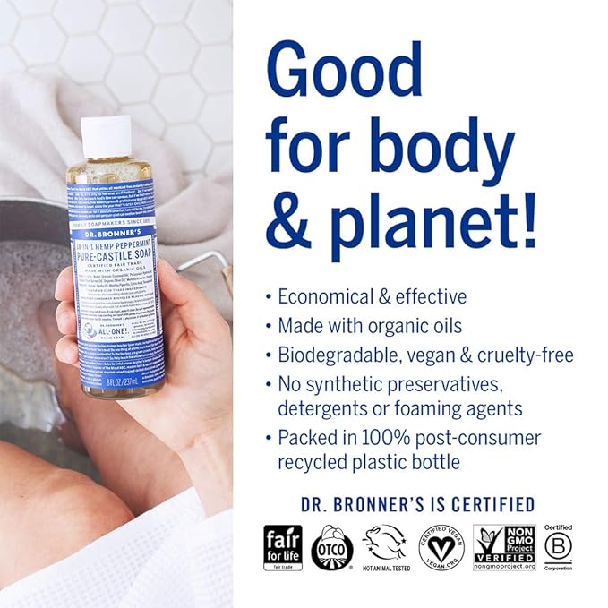 Dr. Bronner's - Pure-Castile Liquid Soap (Peppermint, 4 ounce) - Made with Organic Oils, 18-in-1 Uses: Face, Body, Hair, Laundry, Pets and Dishes, Concentrated, Vegan, Non-GMO