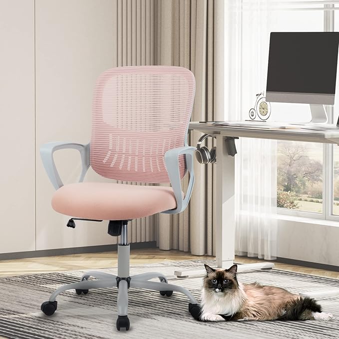 DUMOS Home Office Chair, Mid Back Computer Ergonomic Mesh Desk with Large Seat, Executive Height Adjustable Swivel Task with Lumbar Support and Armrest, for Adults, Pink