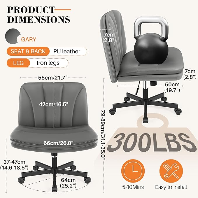 FelixKing Criss Cross Chair with Wheels, Cross Legged Office Chair, Armless Wide Vanity Desk Chair with Comfty PU Leather & Back - Swivel Height Ajustable for Home Office Bedroom, Gray