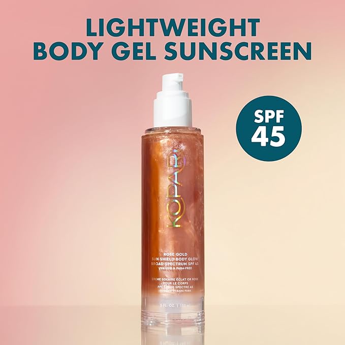 Kopari Sun Shield Body Glow, Broad Spectrum SPF 45, Lightweight Shimmering Gel Texture Absorbs Quickly, Non Sticky, Glowing Results, Rose Gold 5 oz