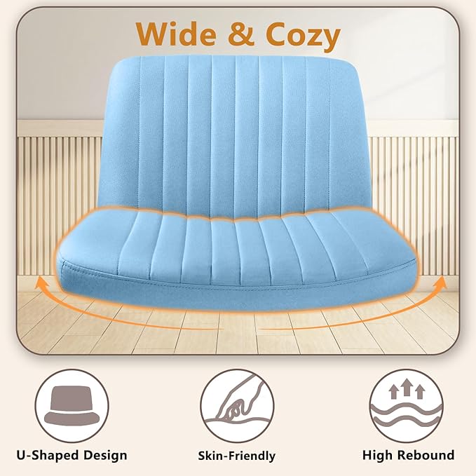 Criss Cross Chair, Armless Cross Legged Office Vanity Chair, Comfortable Fabric Wide Swivel Criss Cross Desk Chair for Home Office, Height Adjustable Vanity Criss Cross Chair with Back, Blue