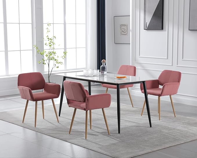 KCC Small Modern Dining Room Arm Chairs Set of 4, Mid-Century Upholstered Velvet Side Seat Club Guest with Metal Tube Legs for Kitchen, Living Room, Rose