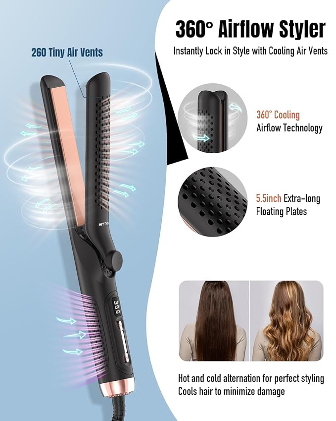 360° Airflow Styler, 2 in 1 Hair Straightener and Curling Iron 1.25 Inch with Vented Cool Air to Lock in Style, Extra Long Flat Iron, Dual Voltage for Travel, LCD Display