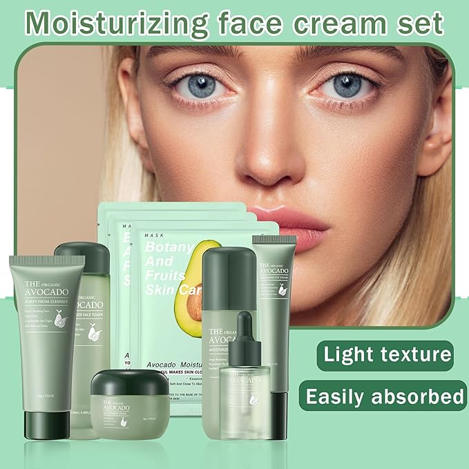 9 Pcs Avocado Skincare Set with Moisturizing Facial Cleanser,Toner,Face Serum, Face Cream, Eye Cream, Facial Lotion and 3 Hydrating Sheet Masks Skin Care Set
