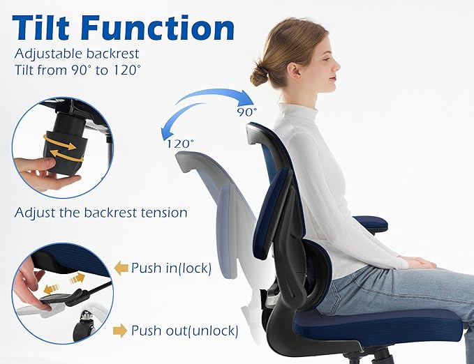 TRALT Ergonomic Office Chair - Desk Chair with Adjustable Lumbar Support Computer Chair - Mesh Comfy Chair with Flip-up Armrests - Gaming Chairs for Adults Home Office (PU Leather, Navy Blue)