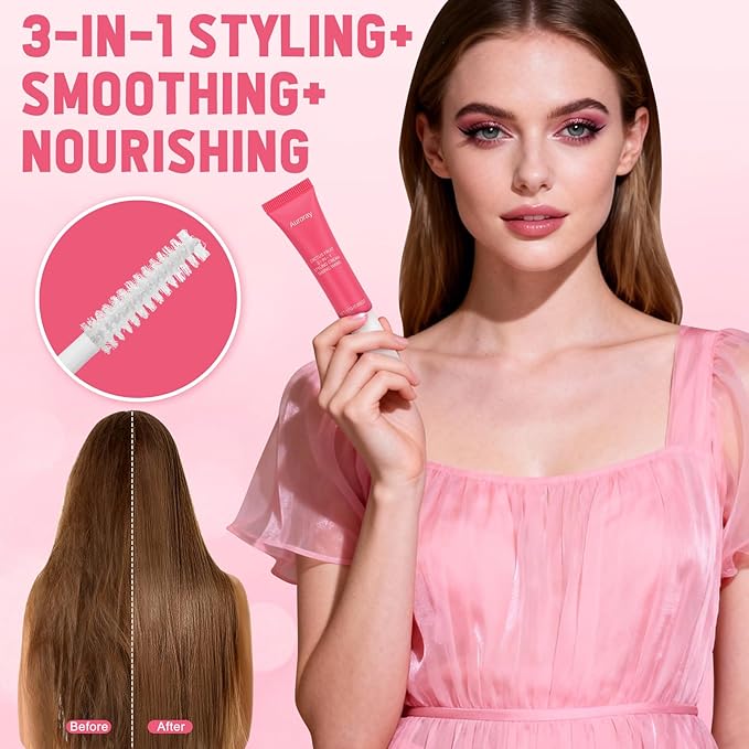 3-In-1 Styling Cream & Taming Wand Gel with Slick Back Brush Set,Cactus Fruit Fly Away Stick for Adult Women and Men Hair,Tame Flyaways, Smooth Frizz,0.6 OZ