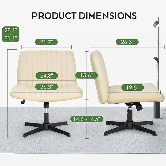PayLessHere | Criss Cross Chair | Beige | Wide, Armless Desk Chair Without Wheels | 360 Swivel, Height Adjustable & Stable Metal Base | for Office, Home Office, Vanity Seating
