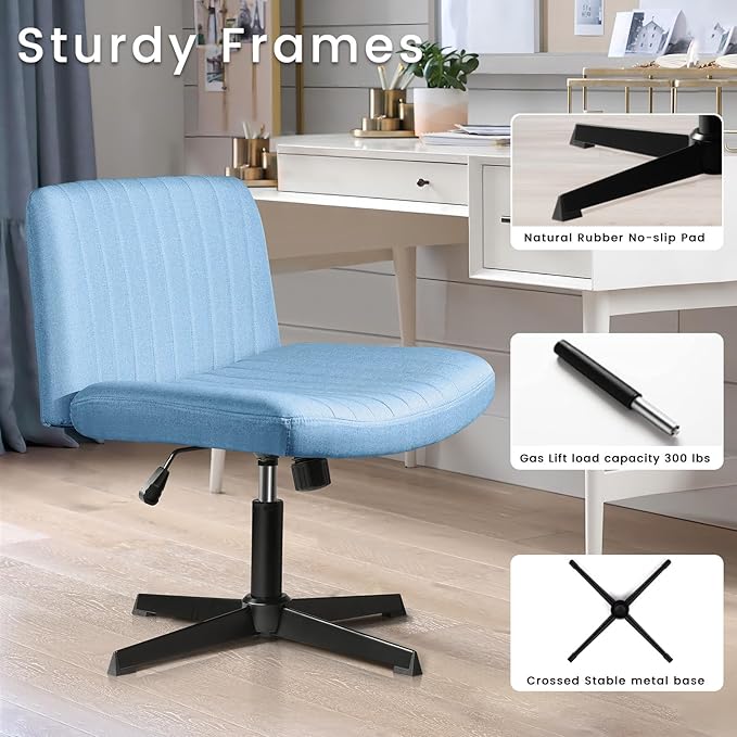 PUKAMI Criss Cross Chair,Comfy Cross Legged Office Desk Chair No Wheels,Modern Fabric Swivel Adjustable Height Mid Back Wide Seat for Home Office Computer (Blue)