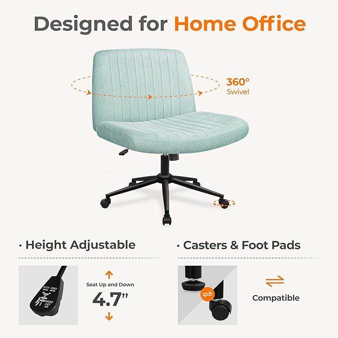 NEO Chair Criss Cross Chair with Wheels Armless Cross Legged Office Desk Wide Comfy Vanity Makeup Chair Adjustable Swivel Rolling Computer for Home Office Fabric (Mint)