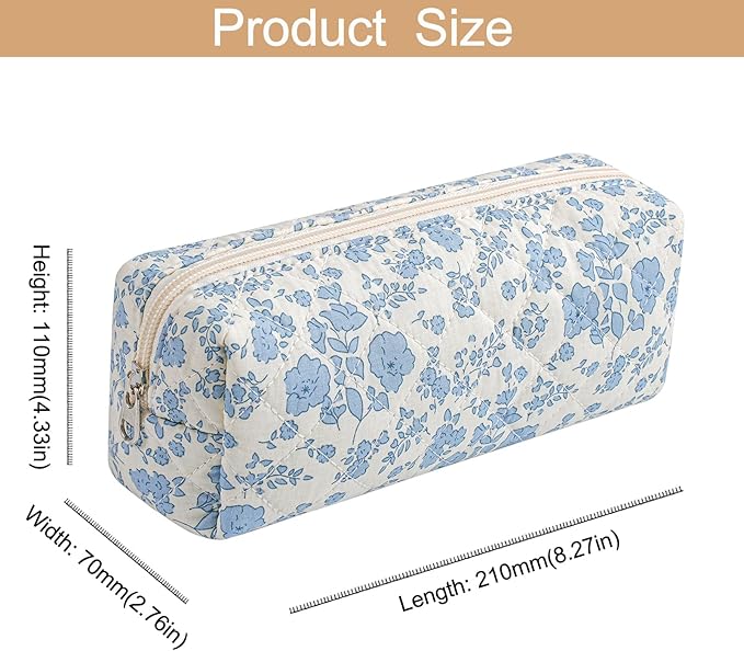Cute Floral Cotton Makeup Brush Cosmetic Bag for Women, Travel Quilted Zipper Make Up Bag, Flowers Toiletry Organizer Case Kawaii Makeup Cosmetic Travel Cloth Pouch (Blue Floral)