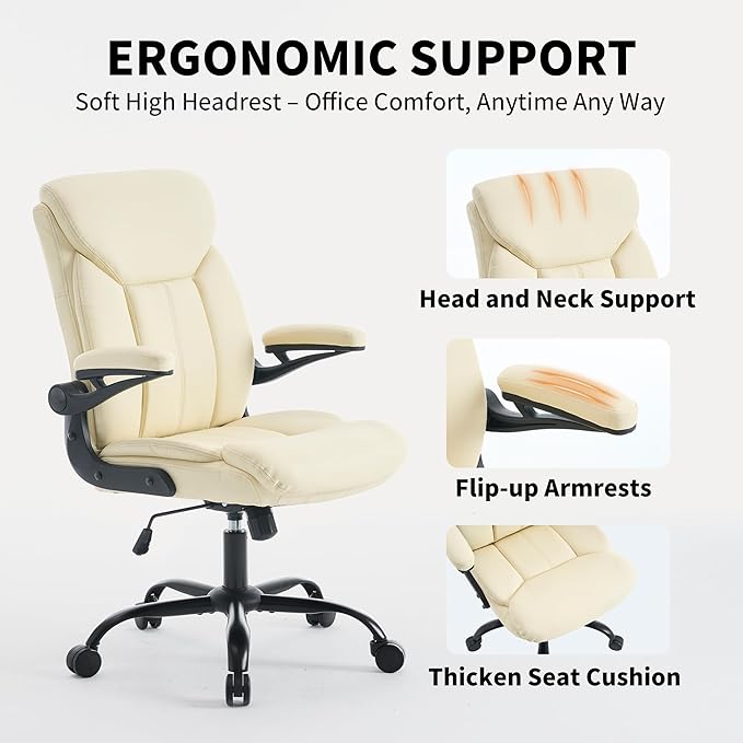 Home Office Ergonomic Desk Chair - Comfy Leather Executive Chair with Flip-Up Armrests, Lumbar Support, 360° Swivel & Rocking (Beige)