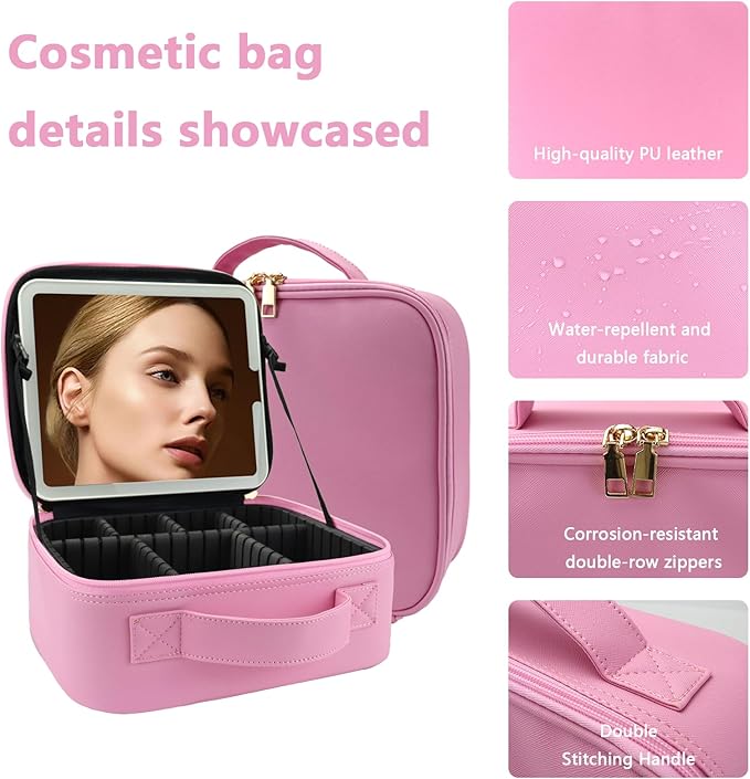 Makeup Bag with Led Mirror,Large Vanity Makeup Cases with 3 Color Setting,Portable Storage and Adjustable Dividers,for Women and Makeup Artists Cosmetic Organizer Travel Makeup Bag-Dark Pink