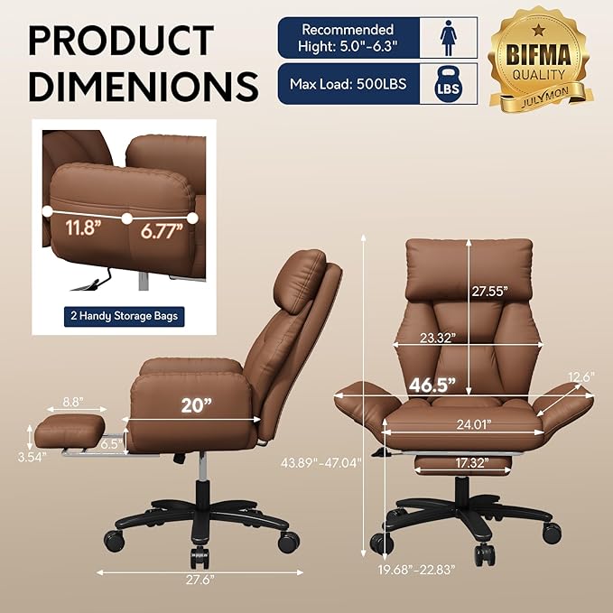 Cross Legged Office Chair with Pets Friendly Arms, Plus Size Criss Cross Desk Chair, Big and Tall Office Chair with Foot Rest, Reversible Armrests & Wide Seat, Brown