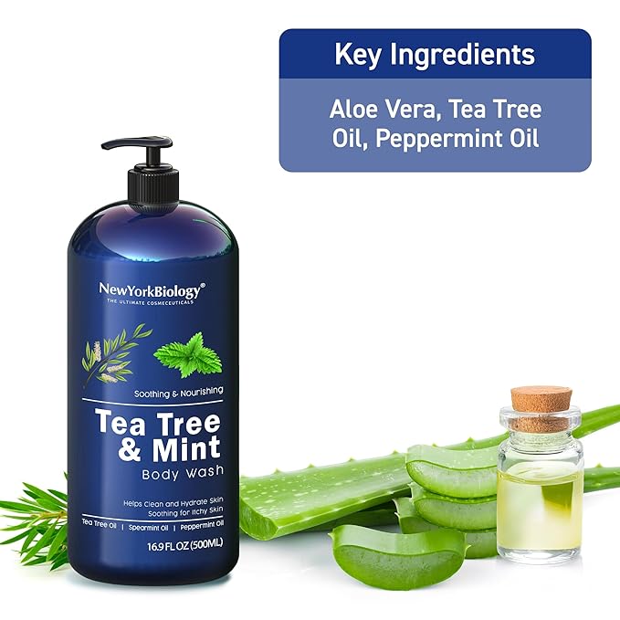 New York Biology Tea Tree Mint Body Wash for Men and Women - Moisturizing Body Wash Helps Soothe the Skin - Refreshing and Hydrating Cleanser for Body and Feet - 16.9 Fl Oz