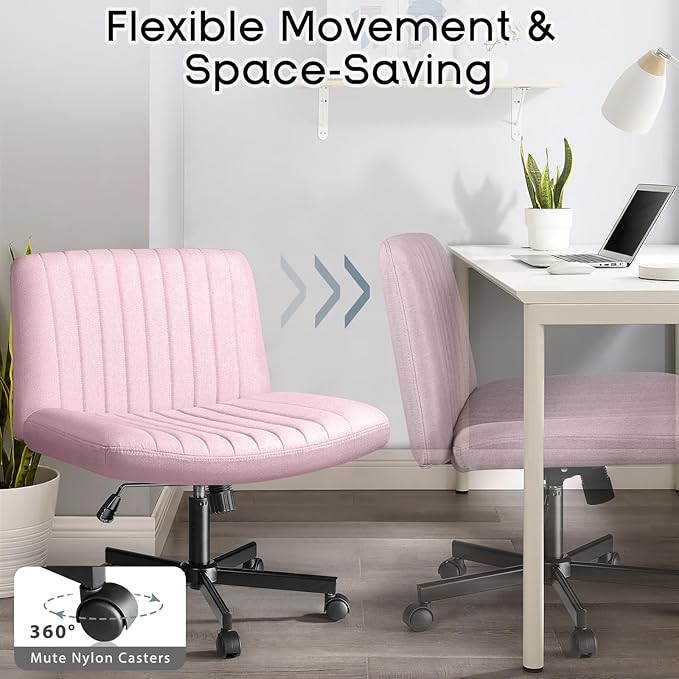 PUKAMI Criss Cross Chair,Comfy Cross Legged Office Desk Chair No Wheels,Modern Fabric Swivel Adjustable Height Mid Back Wide Seat for Home Office Computer (Pink with Wheels)
