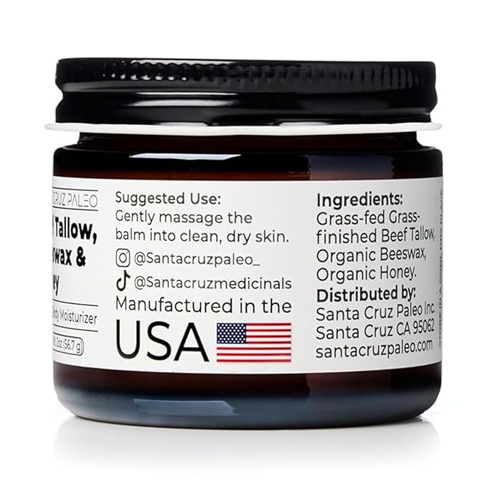 Santa Cruz Paleo, Beef Tallow, Beeswax & Honey Face Moisturizer, Organic, Unscented Grassfed Beef Tallow Skin Care, Sunscreen Free, Non Comedogenic Face & Body Moisturizer for Sensitive Skin, 2 Oz