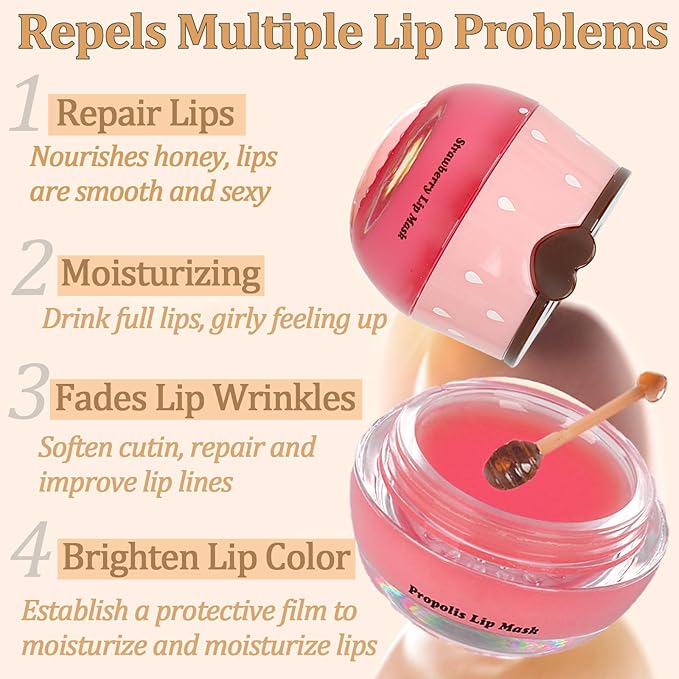 3 PCS Bee Lip Balm Lip Mask Honey Pot, Mothers Day Gifts, Honey & Strawberry & Watermelon Lip Sleeping Mask Overnight Moisturizing Honey Lip Balm, Teacher Appreciation Gifts, Easter Basket Stuffers