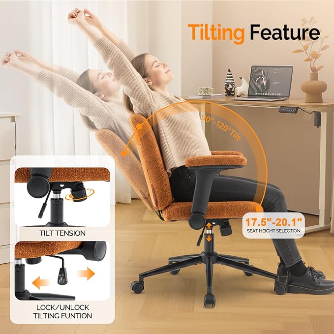 VINGLI Criss Cross Chair with Adjustable Flip-Up Arms,Cross Legged Chair with Wheels,Extra Wide Office Chair,Desk Chair for Home Office,Vanity,Bedroom, Apartment,Starry Chenille,Burnt Orange
