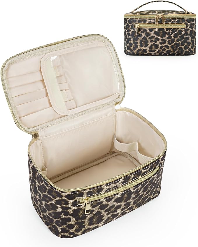 Wandering Nature Makeup Bag, Travel Make Up Organizer Cosmetic Brush Bags Case for Women in Vegan Leather, Leopard Print, Patent Pending