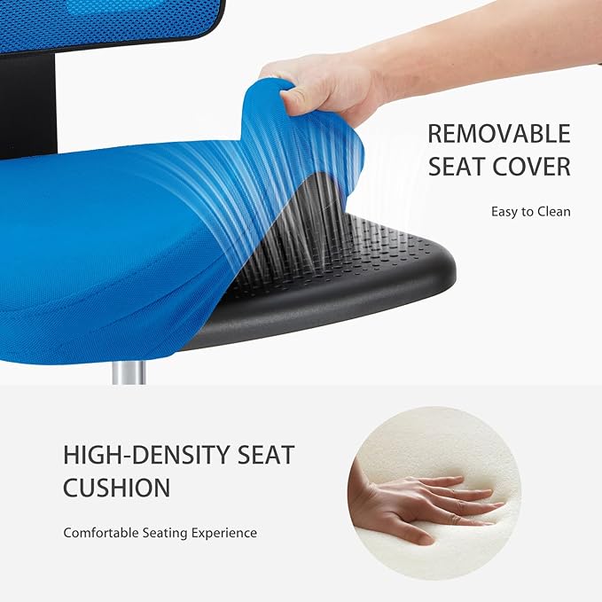 NEWBULIG Home Office Desk Chair, Armless Ergonomic Swivel Computer Chair with Wheels, Adjustable Height and Low-Back Mesh Design, Rolling Chair with Lumbar Support and Comfortable Seat, Blue