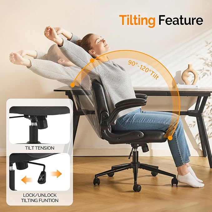 VINGLI Criss Cross Chair with Adjustable Flip-Up Arms,Cross Legged Chair with Wheels, Extra Wide Office Chair,Comfortable Desk Chair for Home Office, Vanity, Bedroom, PU Leather,Black