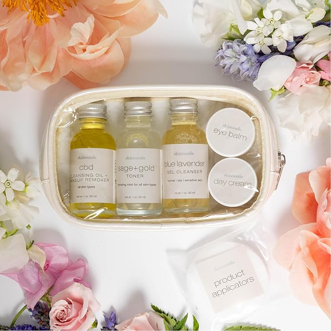 skincando Travel Skincare Gift Set - Cleansing Oil & Make Up Remover 1 oz, Blue Lavender Cleanser 1 oz, Sage & Gold Toner 1 oz, Day Cream .125 oz, Eye Balm .125 oz & Organic Cotton Applicators 3.25oz