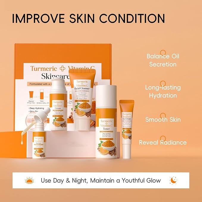 Turmeric Skincare Set, Skincare Gift Set for Women Teens Girls, 5PCS Turmeric Vitamin C Facial Skin Care Routine Kit for Glow Skin with Turmeric Face Wash, Toner, Serum, Eye Serum, Cream
