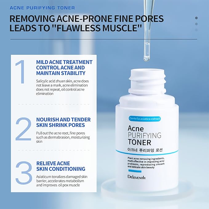 DEleventh Korean Brand Acne Purifying Toner 30ml / with Salicylic Acid and Botanical Extracts for Anti-Acne, Soothes, Unclogs Pores, Controls Oil and Maintain a Fresh, Blemish-Free Complexion