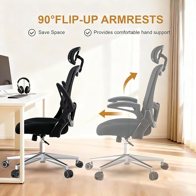Office Chair, Ergonomic Breathable Mesh,Flip-Up Arms and Adjustable High Back Lumbar Support,Comfy Computer Chair for Home Office (Black, 407)