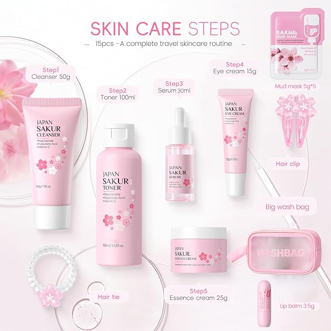 Skin Care Set, Gift Sets Skin Care Kit for Teenage Girls - JAPAN Cherry Blossom Skincare Sets Cleanser, Toner, Serum, Face Cream, Travel Kit for Women Kids Teenagers(15pcs)
