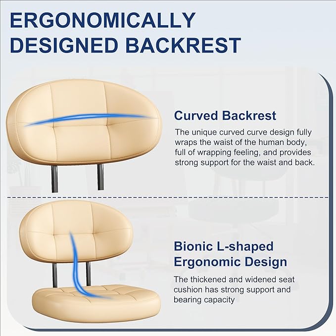 Misolant Vanity Chair with back, Small Armless Cute office Chair with wheels and Lumbar support, Comfy PU Leather Desk Computer Chairs with Adjustable Height, 360°Swivel for Home Bedroom Office, Khaki