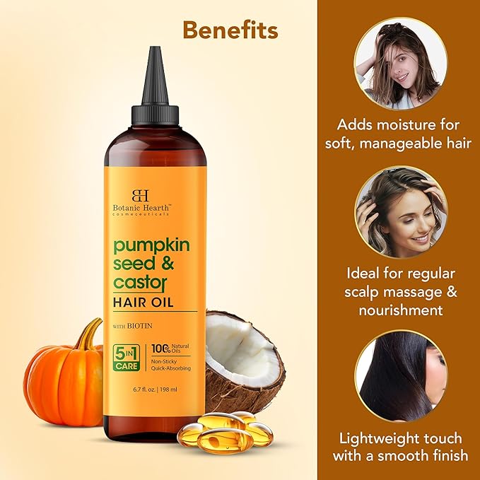 Botanic Hearth 100% Pure Pumpkin Castor Oil For Hair Growth & Hair Treatment Oils 6.7 Fl oz | Infused with coconut Oil | Hair Oil Repairs Dry Damaged Hair, Strengthening, Healthier | All Hair Types