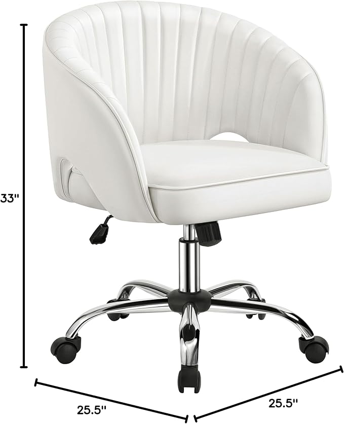 Yaheetech Home Office Chair, Faux Leather Desk Chair, Modern Swivel Chair with Tufted Barrel Back, Rolling Wheels for Office,Study, Vanity, Bedroom White