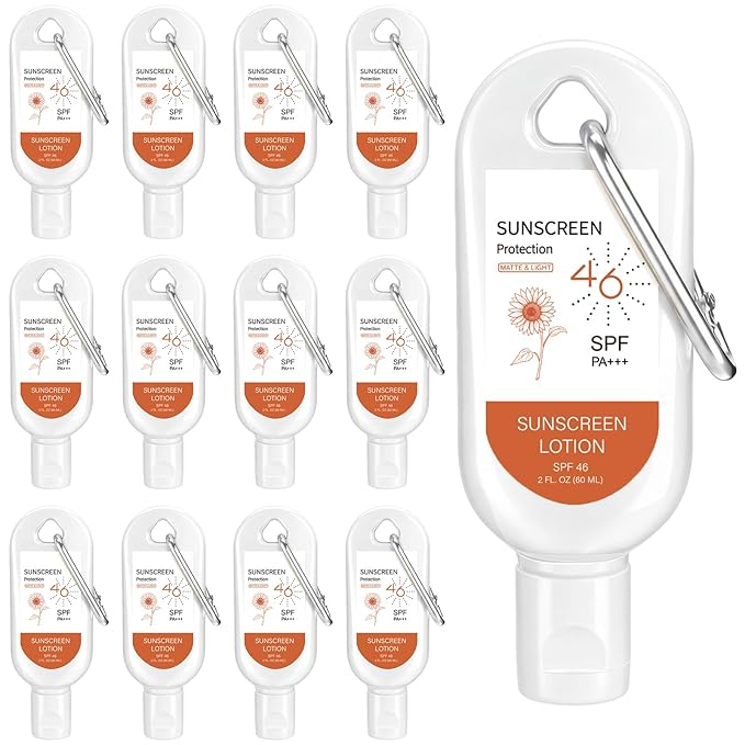 Leelosp 12 Pcs SPF 46 Mini Sunscreen with Carabiner Multi-pack Travel Water Resistant Sunscreen for Women Mother's Day Gift Summer Beach Trip Supplies Wedding Bridal Shower Thank Guest Gift (2oz)