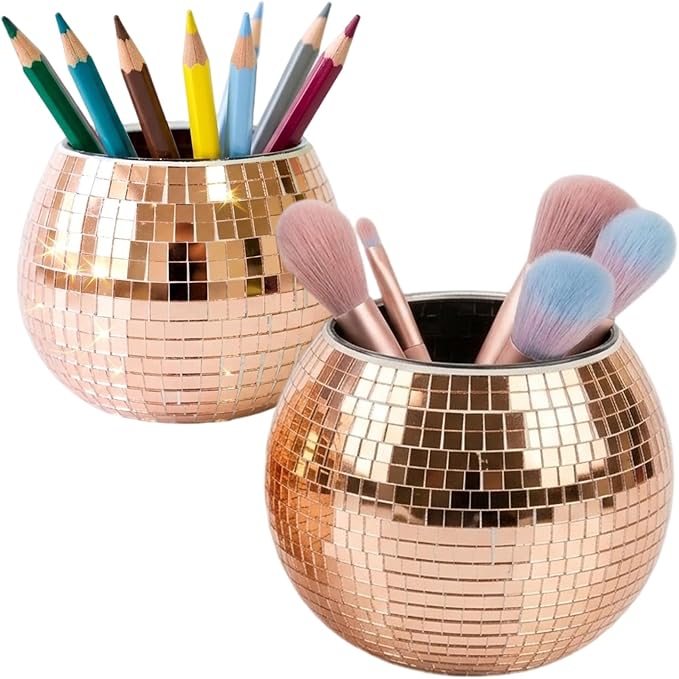 2 Pack Glass Disco Ball Makeup Brush with Smooth Grouting - Premium Mirror Mosaic Pencil Cup for Desk, Cute Pen Holder, Aesthetic Room Decor Gift (rose gold)