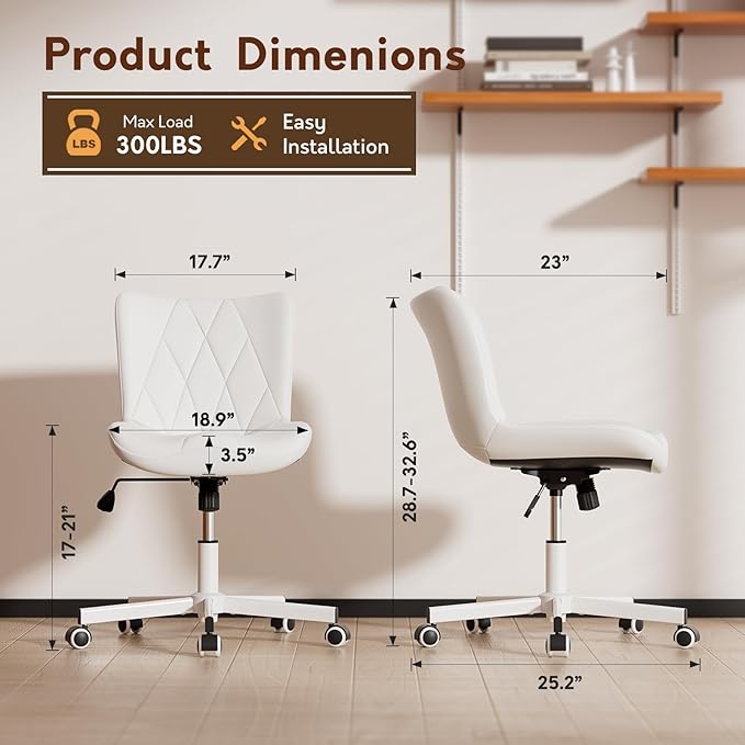 Armless Desk Chair, Morden Home Office Chair no Arms, Adjustable Height & Rocking Computer Chair, PU Leather Vanity Chair, Ergonomic Seat Soft Padded Desk Chairs for Home Small Space, White