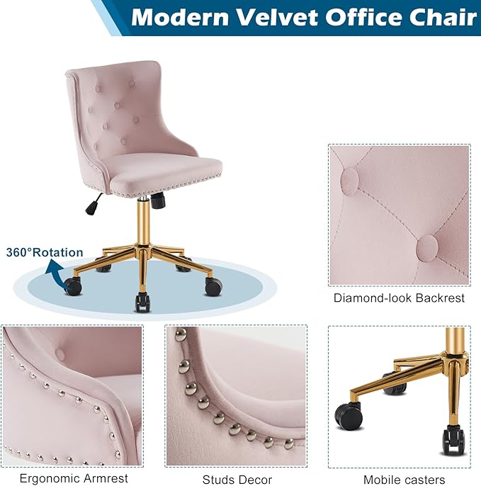 VINGLI Light Pink Velvet Armless Home Office Desk Chair with Gold Base/Wheels,Cute Vanity/Makeup Chair with Back for Bedroom, Upholstered Adjustable Rolling Swivel Nail Chair for Women/Girls