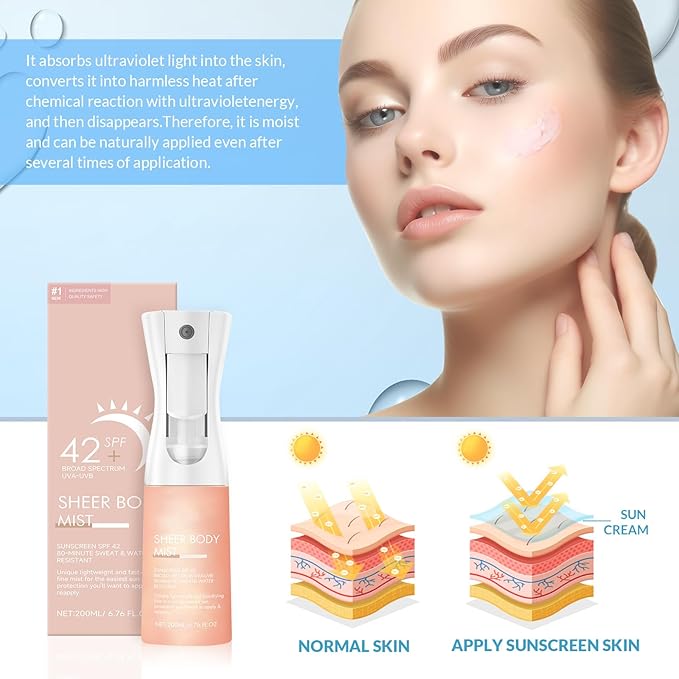 Sunglaze Sheer Body Mist Sunscreen SPF 42, Infused with Shimmering Body Oil, Hydrating Mist, Hydrates, Gives Skin a Glowy Finish, Lightweight, Gives Skin A Glowy Finish-6.76 Fl Oz