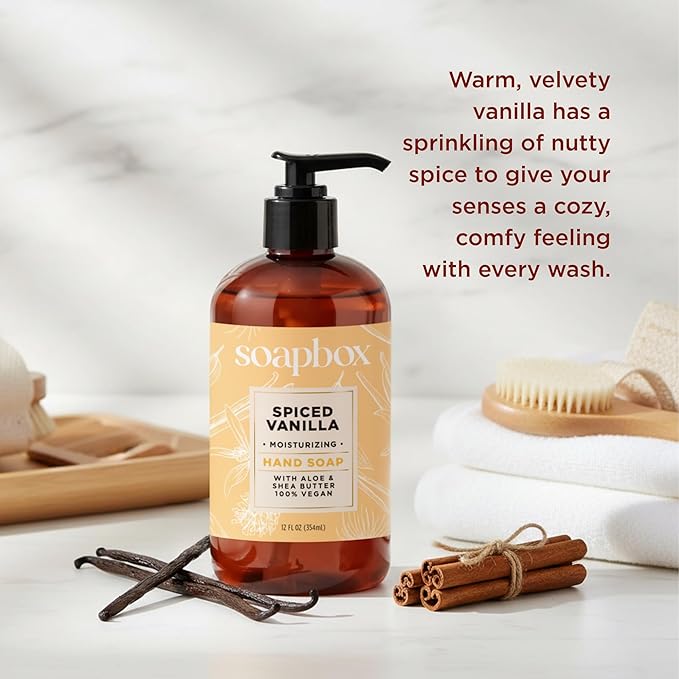 Soapbox Liquid Hand Soap, Spiced Vanilla - Gentle, Moisturizing Hand Cleanser, Vegan, Cruelty Free Hand Soap for Bathroom and Kitchen, 12oz Pump Bottles (Pack of 4)