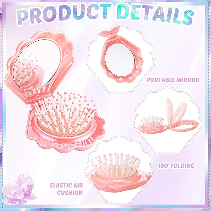 Meanplan 12 Pcs Mermaid Party Favors Shell Hair Brush with Mirror Foldable Mini Travel Pocket Hair Brush Compact Makeup Comb for Women Girls Valentines Day Birthday Gifts(3 Colors)