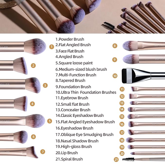 BS-MALL 21 Pcs Professional makeup brush set with foundation brush for liquid Makeup, eyeshadow Brush, concealer brush - Includes 6 Triangle Puffs & case for Even, Multi-purpose application (Golden)