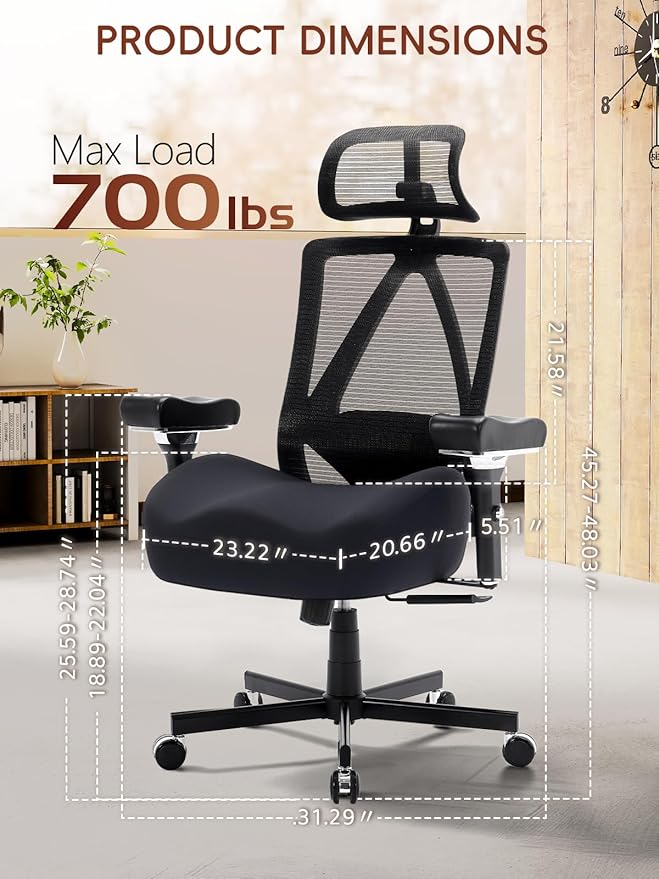 Big and Tall Office Chair 700lbs, Ergonomic Desk Chair with W Wide Thick Cushion, Executive Mesh Office Chair with Adjustable Headrest, Lumbar, 4D Armrest, Computer Task Chairs for Heavy People, Black