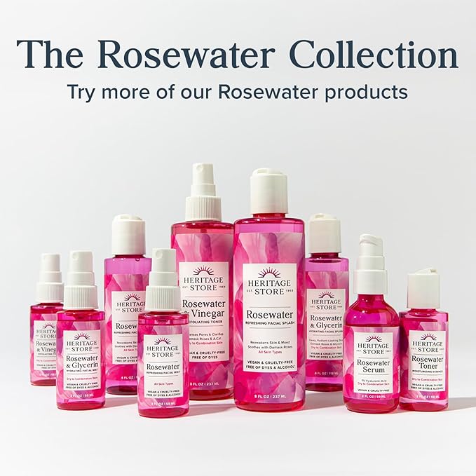 HERITAGE STORE Rosewater Face Mist and Rosewater Serum - Dewy Skin Bundle - Refreshing Facial Spray and Deep Hydration Face Serum w/Hyaluronic Acid - Hypoallergenic, Vegan, 60-Day Guarantee, 8oz, 2oz