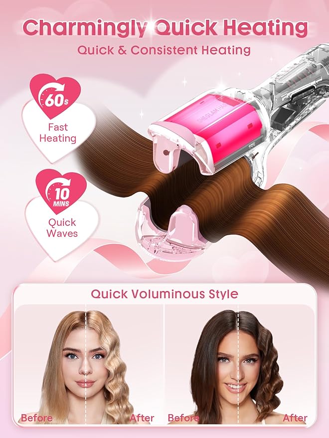 SHEGLAM Pink 1 Inch Hair Waver for Women - Double Barrel Crimper Tool for Mermaid Beach Waves, Lightweight with Smart Timer & Adjustable Temps, Dual Voltage Anti-Scald Easy to Use for Short Hair