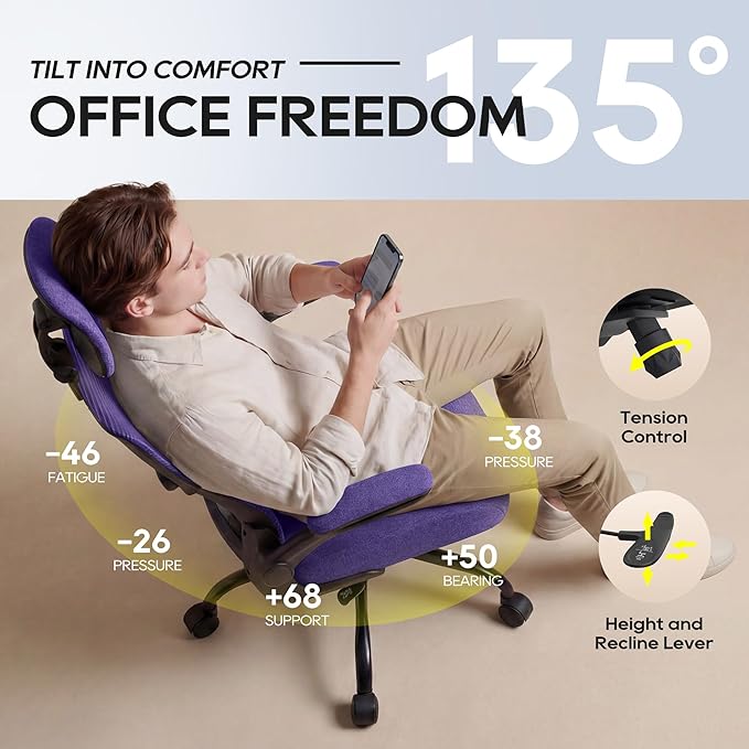 Ergonomic Office Chair, High Back Mesh Desk Chair with Adjustable Lumbar Support & Headrest, Flip-up Armrest, Computer Task Chairs for Home and Executive Office(B-Purple)