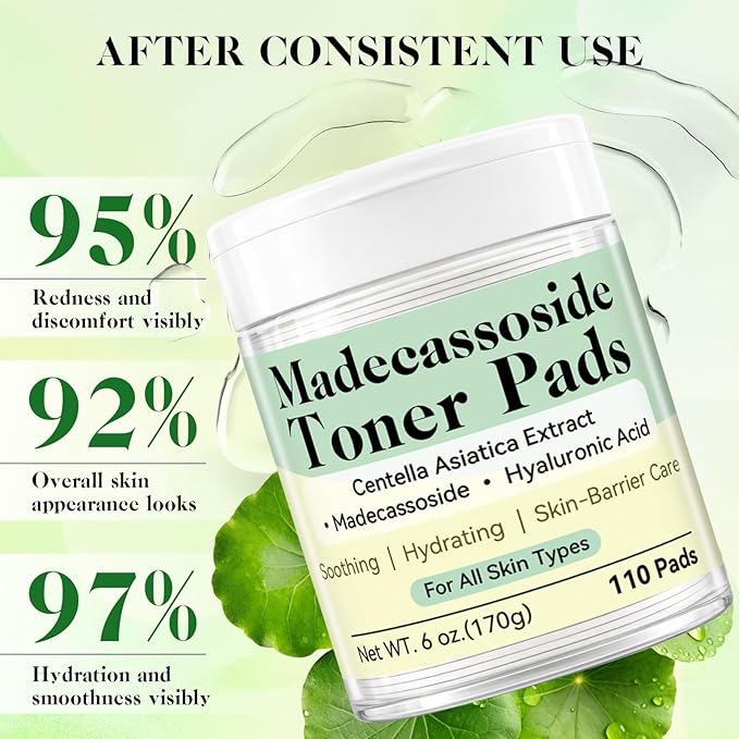 Madecassoside Toner Pads, Facial Exfoliating Pads, Redness Reducing Skin Care, Hydrating Pore Care, Toner Pads for Acne Prone, Oily, Clogged Skin, Non Comedogenic, Ideal for All Skin, 110 Pads